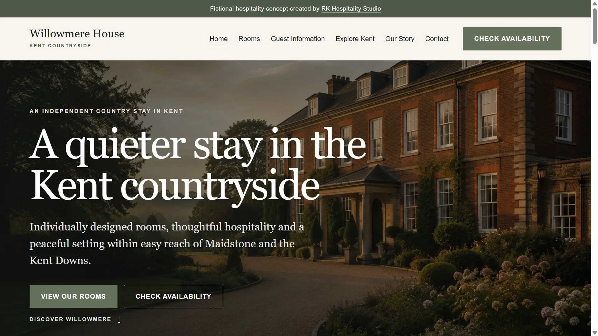 Willowmere House boutique hotel website homepage shown on desktop.